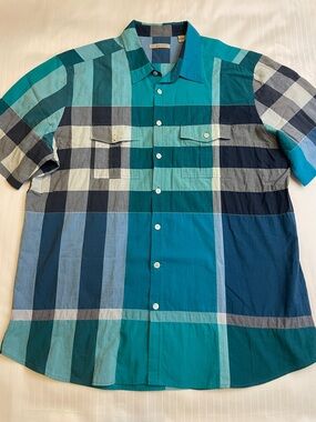 🍀Burberry Brit XL Nova Check Teal & Blue Plaid Short-Sleeve Button-Up Shirt